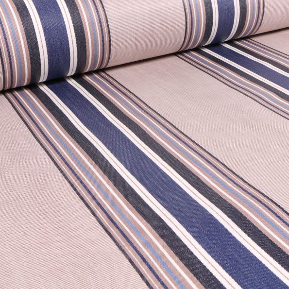 Tissu Toile enduite extérieure Dralon Rayures fines et épaisses sur fond Bleu - Par 10 cm