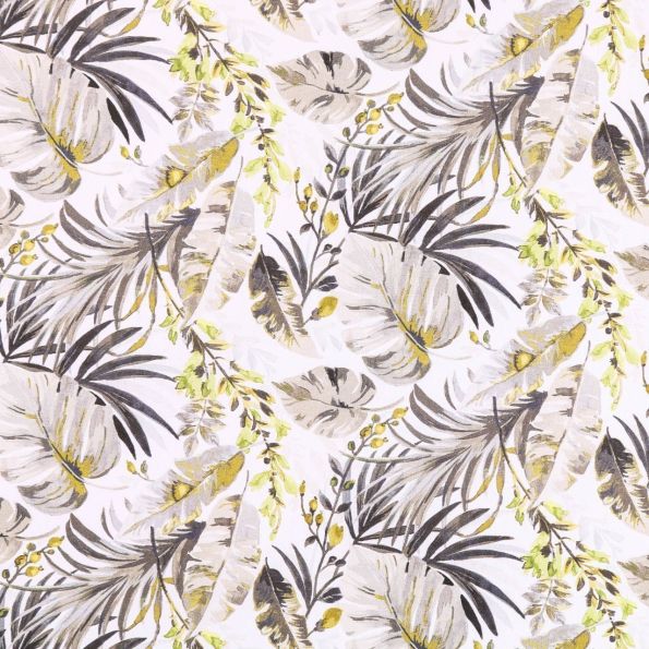 Tissu Coton Imprimé Arty Feuilles tropicales vertes et grises sur fond Blanc - Par 10 cm