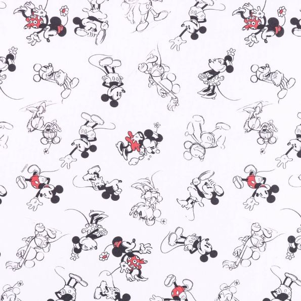 Tissu Coton Imprimé Disney Dessin Mickey et Minnie noirs, blancs et rouges sur fond Blanc - Par 10 cm