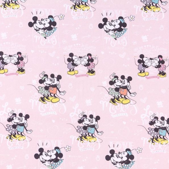 Tissu Coton Imprimé Disney Love Minnie gris, jaune, vert, noir et blanc sur fond Vieux rose - Par 10 cm