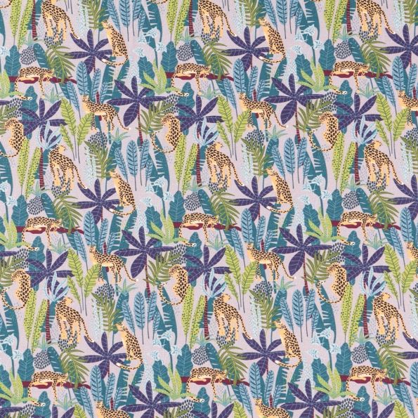 Tissu Coton Imprimé Arty Guépards dans la jungle jaunes et noirs sur fond Gris - Par 10 cm
