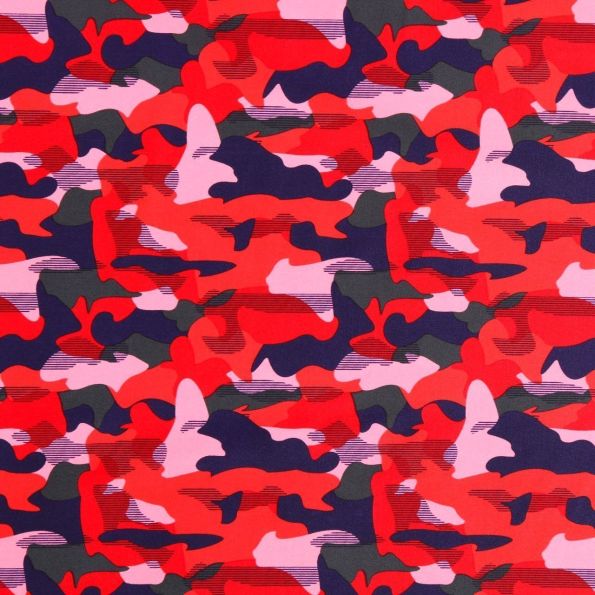 Tissu Lycra Maillot de bain Camouflage Bleu marine, rouge, kaki et rose - Par 10 cm