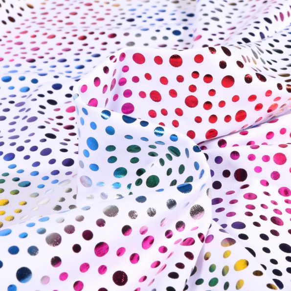 Tissu Jersey Lycra Petits pois métalissés multicolores sur fond Blanc - Par 10 cm