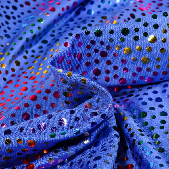 Tissu Jersey Lycra Petits pois métalissés multicolores sur fond Bleu - Par 10 cm