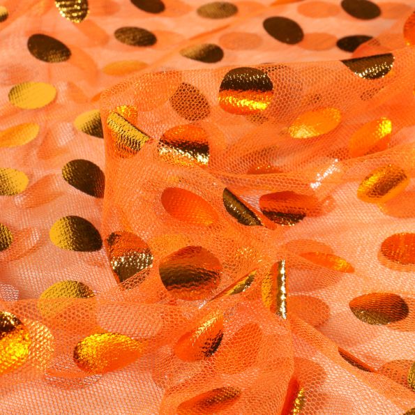 Tissu Tulle souple Cercles métallisés sur fond Orange - Par 10 cm