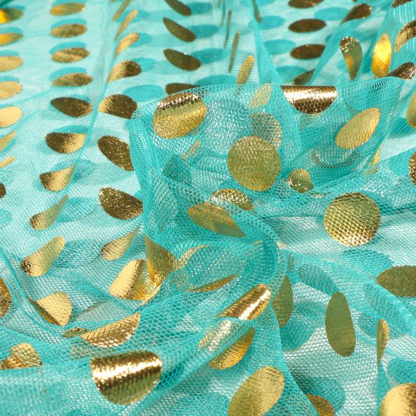 Tissu Tulle souple  Cercles métallisés sur fond Vert menthe - Par 10 cm