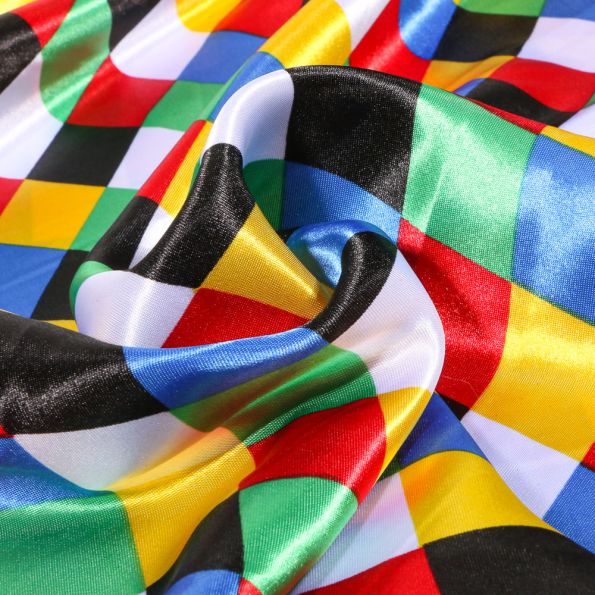 Tissu Satin Carnaval Losange multicolores sur fond Blanc - Par 10 cm