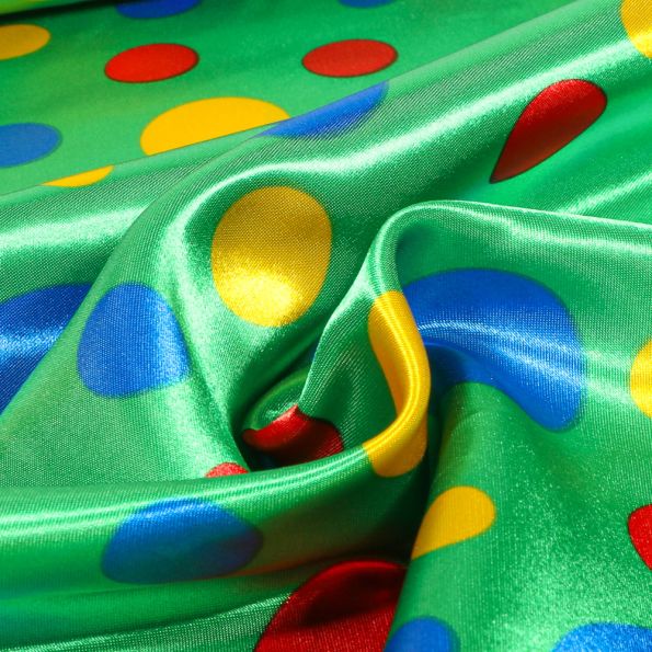 Tissu Satin Carnaval Pois multicolores sur fond Vert - Par 10 cm