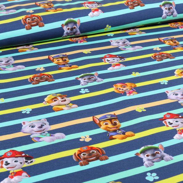 Tissu Jersey Coton sous licence Pat' Patrouille rayé sur fond Bleu marine - Par 10 cm