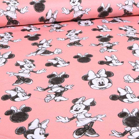 Tissu Jersey Coton sous licence Miss Minnie sur fond Rose - Par 10 cm