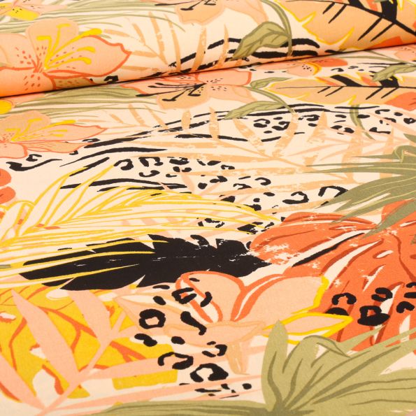 Tissu Viscose stretch Tropic'léo sur fond Saumon - Par 10 cm