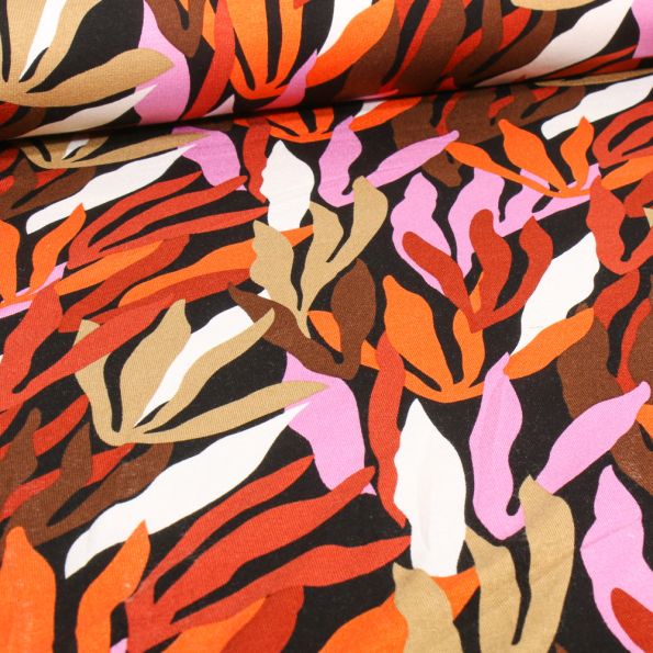 Tissu Jersey Viscose Algua orange sur fond Noir - Par 10 cm