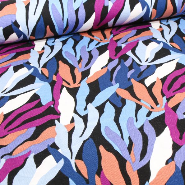 Tissu Jersey Viscose Algua violet sur fond Noir - Par 10 cm