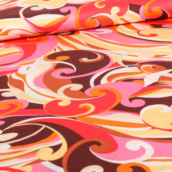 Tissu Viscose satiné Motifs seventies sur fond Rose - Par 10 cm
