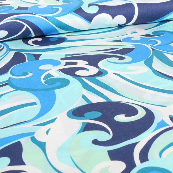 Tissu Viscose satiné Motifs seventies sur fond Bleu - Par 10 cm