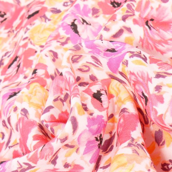 Tissu Viscose Lili Rose sur fond Blanc - Par 10 cm