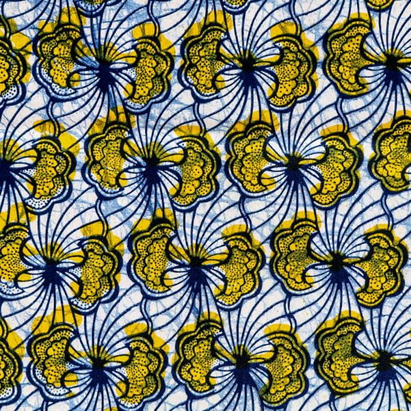 Tissu Wax Africain N°256 Fleurs Jaunes et bleu marine sur fond Bleu - Par 10 cm