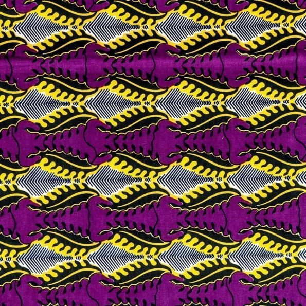 Tissu Wax Africain N°271 Motifs Africains Jaunes et noirs sur fond Violet - Par 10 cm