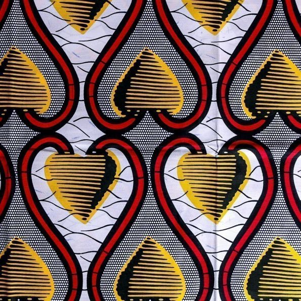 Tissu Wax Africain N°276 Coeurs Jaunes et rouges sur fond Blanc et bleu marine - Par 10 cm