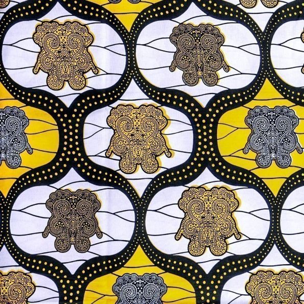Tissu Wax Africain N°294 Formes motifs ethniques Jaunes et noirs sur fond Blanc - Par 10 cm