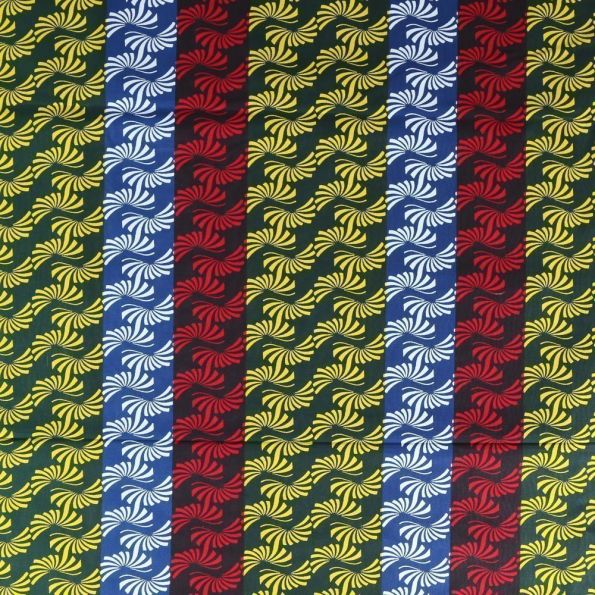 Tissu Wax Africain N°308 Courbes Vertes, rouges et bleues sur fond Vert sapin - Par 10 cm