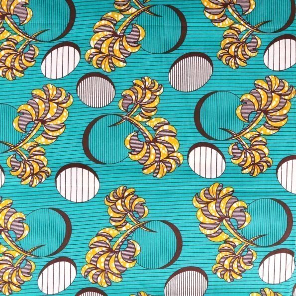 Tissu Wax Africain N°310 Feuilles Moutarde et marrons sur fond Emeraude - Par 10 cm