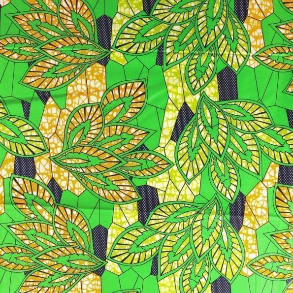 Tissu Wax Africain N°326 Feuilles Oranges et vertes sur fond Vert - Par 10 cm
