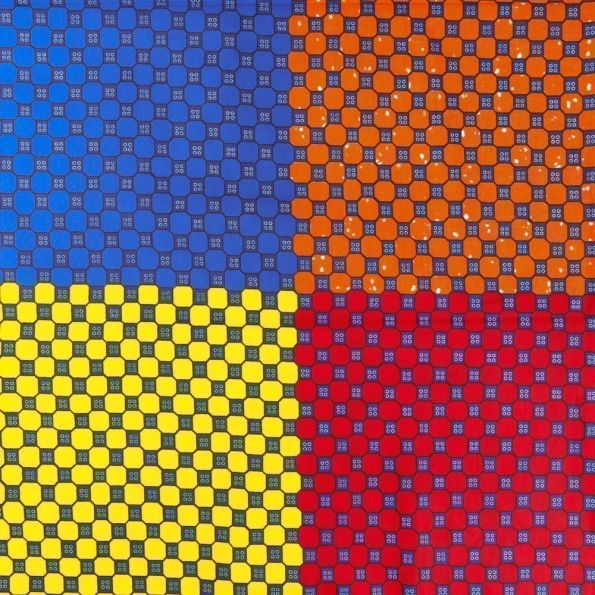 Tissu Wax Africain N°349 Carrés Multicolores sur fond Bleu marine - Par 10 cm