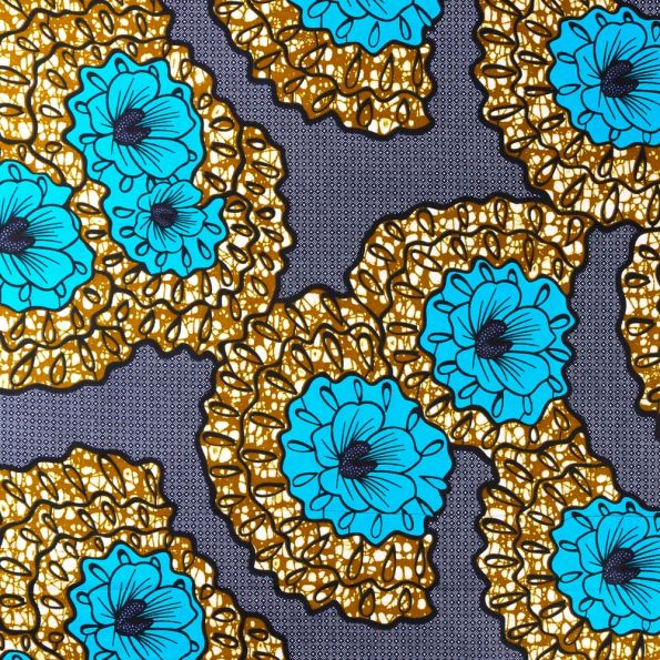 Tissu Wax Africain N°373 Fleurs Bleues et Moutarde sur fond Bleu marine - Par 10 cm