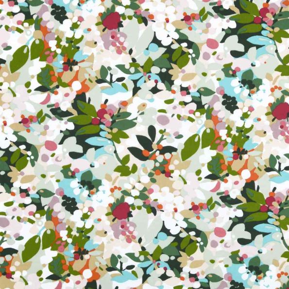 Tissu Toile de Polycoton  Champs Fleuris Printemps sur fond Blanc - Par 10 cm