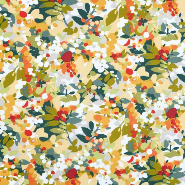 Tissu Toile de Polycoton  Champs Fleuris Eté sur fond Blanc - Par 10 cm