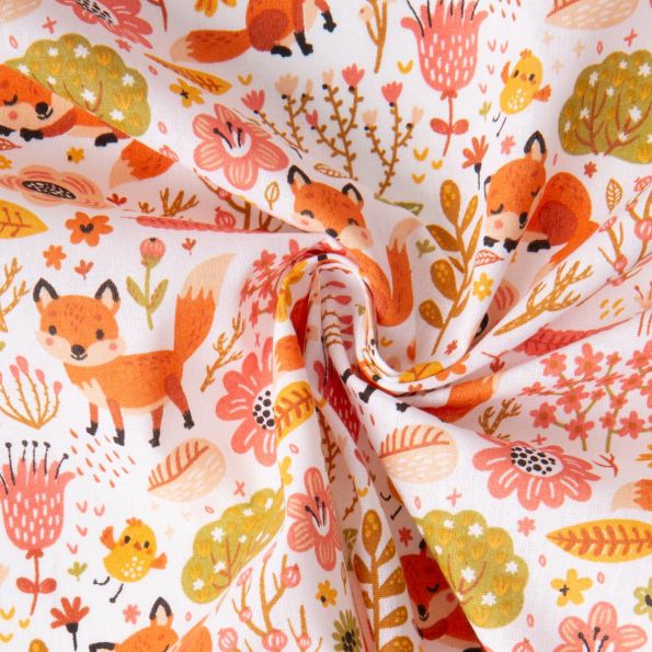 Tissu Coton imprimé Foxy herault sur fond Blanc - Par 10 cm