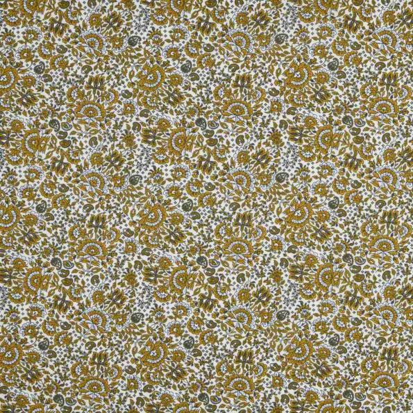 Tissu  Coton imprimé fleuri kaki Bloss sur fond Ivoire - Par 10 cm