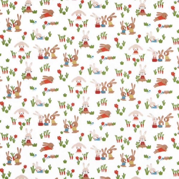 Tissu Coton imprimé Lapin Bunnie sur fond Blanc - Par 10 cm