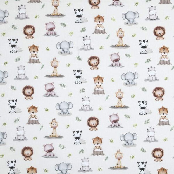 Tissu Coton imprimé animaux de la savane Mimoo sur fond Blanc cassé - Par 10 cm