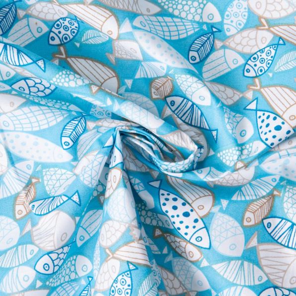 Tissu Coton imprimé Thétys mer de petits poissons sur fond Bleu ciel - Par 10 cm
