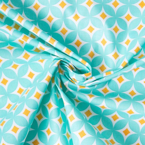 Tissu Coton imprimé Lola strass rétro sur fond Bleu turquoise - Par 10 cm