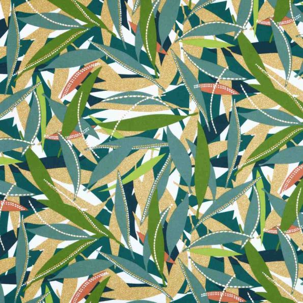 Tissu Coton Cretonne  feuilles vertes Tamoa sur fond Beige sable - Par 10 cm