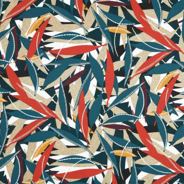 Tissu Toile Cretonne  feuilles bleues pétrole Tamoa sur fond Beige sable - Par 10 cm