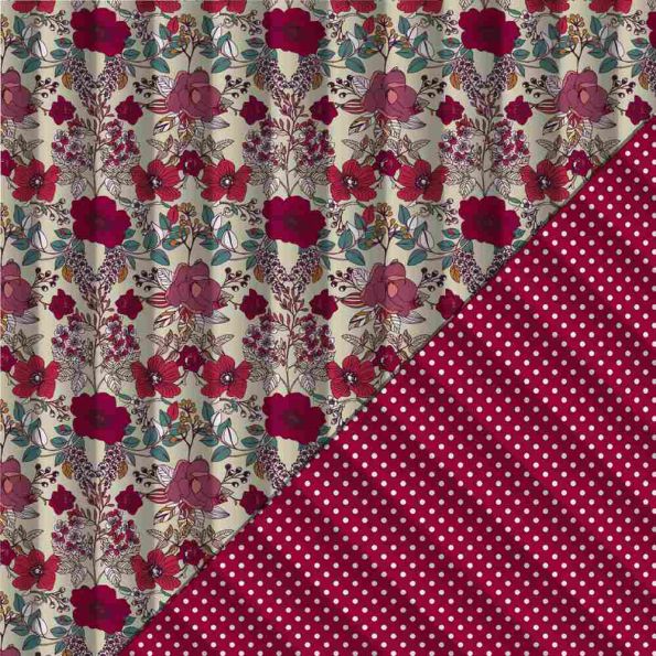 Tissu Matelassé réversible Rosalie fleurs vintage Bordeaux et pois écru - Par 10 cm