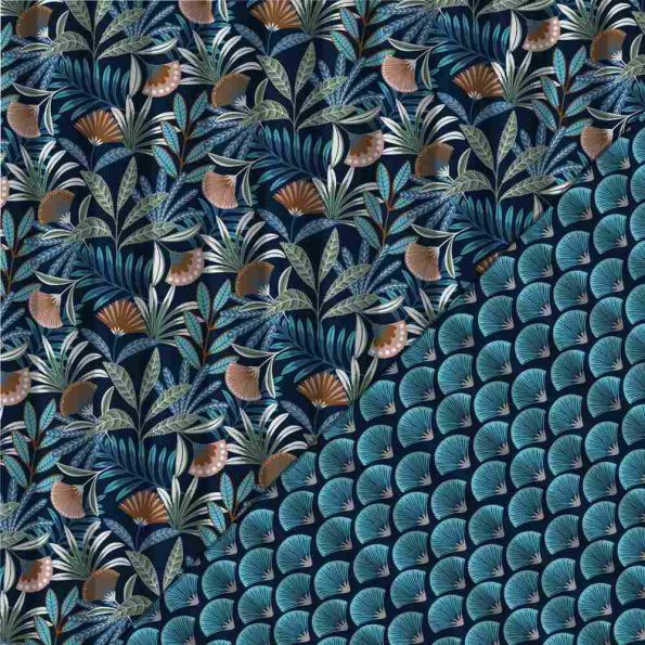 Tissu Matelassé réversible Tropical sur fond Bleu nuit - Par 10 cm