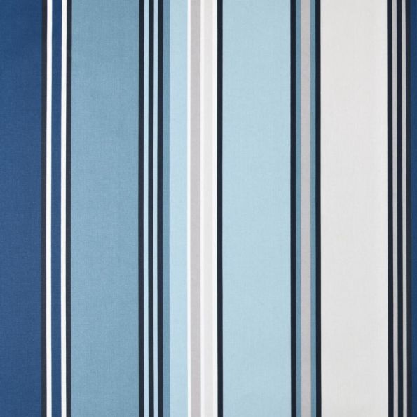 Tissu Toile Cretonne enduit  rayé vertical Nauti sur fond Bleu - Par 10 cm