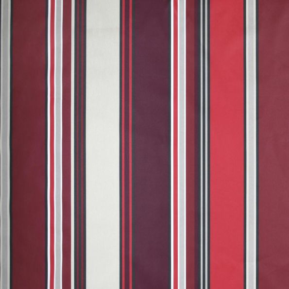 Tissu Toile Cretonne enduit  rayé vertical Nauti sur fond Bordeaux - Par 10 cm