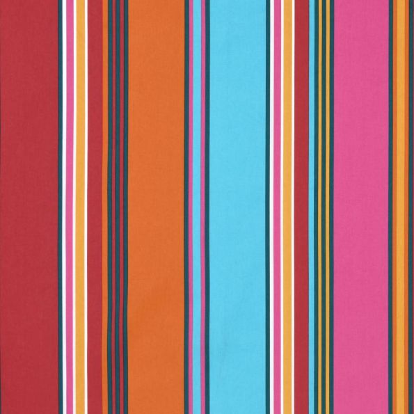 Tissu Toile Cretonne enduit  rayé vertical Nauti sur fond Bleu turquoise - Par 10 cm