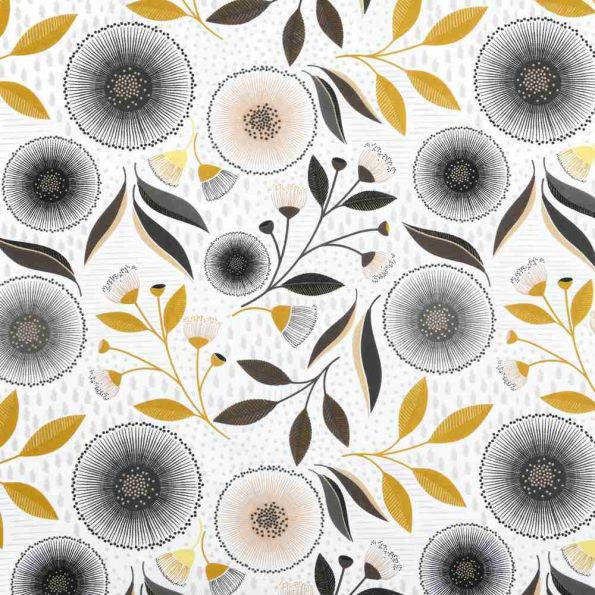 Tissu Toile Cretonne enduit floral Ocra sur fond Blanc cassé - Par 10 cm