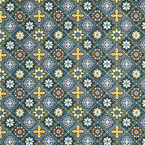 Tissu Toile Cretonne enduit  Marrakech sur fond Bleu canard - Par 10 cm