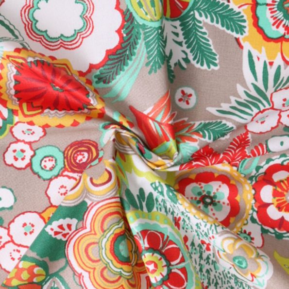 Tissu Cretonne enduit Carmen fleurs stylisées Multicolore sur fond Taupe - Par 10 cm