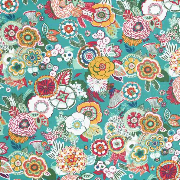 Tissu Toile Cretonne enduit floral Oria sur fond Bleu turquoise - Par 10 cm