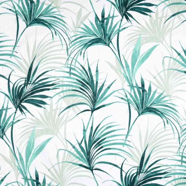 Tissus Toile de Coton natté feuillage vert Palma sur fond Blanc pur - Par 10 cm