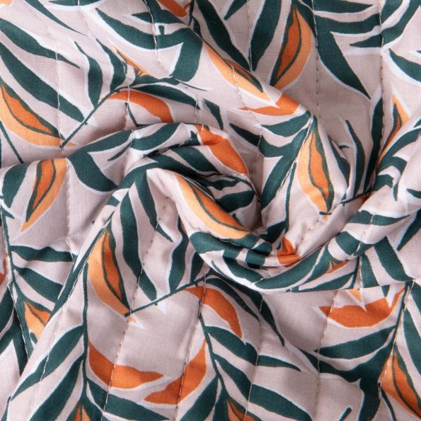 Tissu Coton Matelassé réversible Domi tropical jungle et motif léopard sur fond Beige clair - Par 10 cm